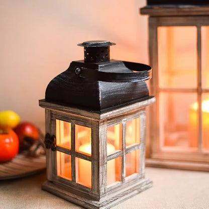 Vintage Farmhouse Glass-Paneled Wooden Lantern with Metal Roof Candle Holder Acalora