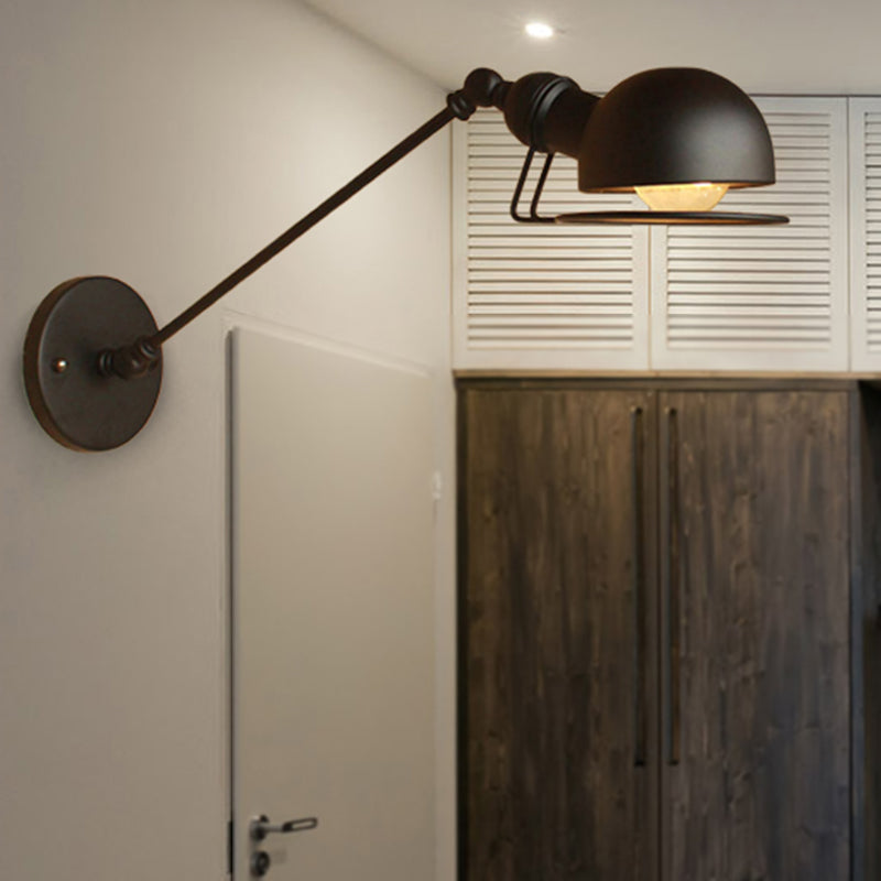 Vintage Industrial Bowl 1-Light Iron Wall Lamp with Swivel Arm in Black/Metal