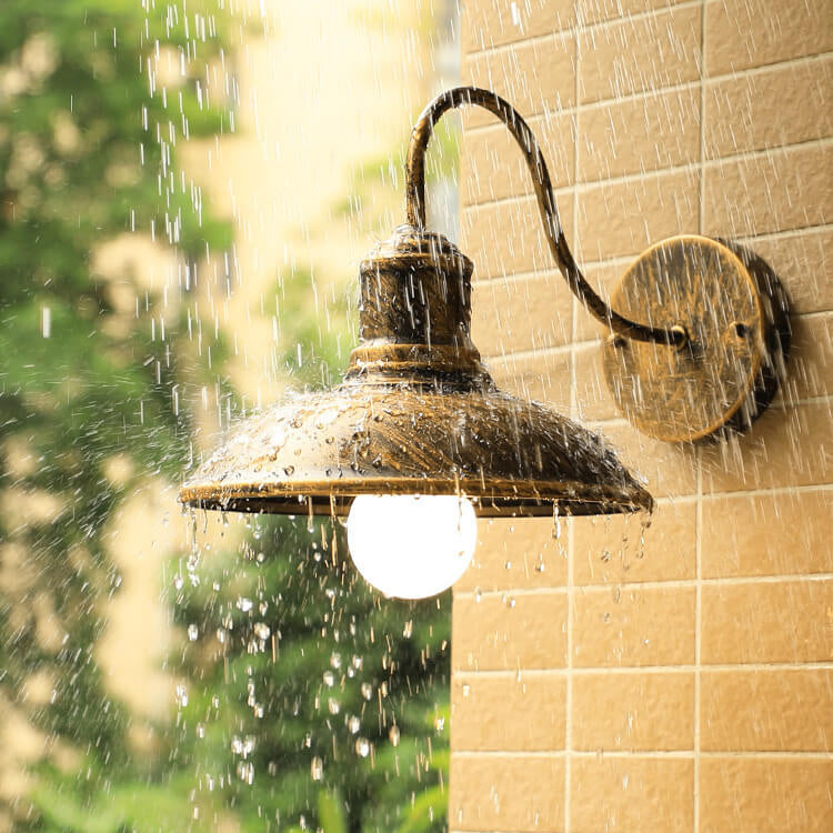 Retro Loft Dome Iron Outdoor Waterproof 1-Light Bent Arm Wall Sconce Lamp | Bowlift