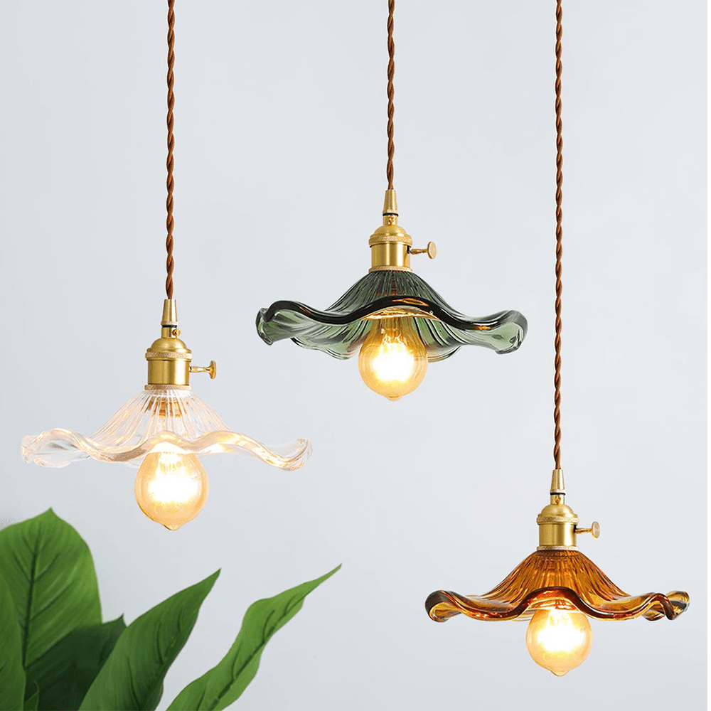 Skanto | Elegant Hibiscus Flower Pendant Lamp – Glass & Brass Hanging Lamp