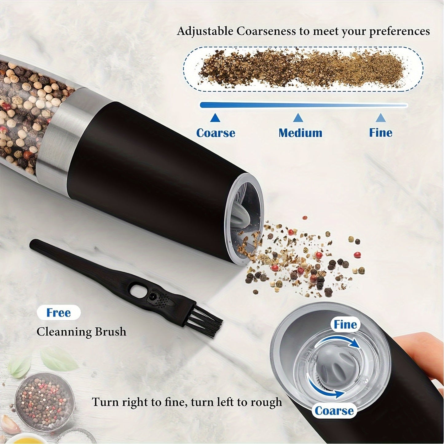 Skanto | Gravity Electric Salt and Pepper Grinder Set: Battery Operated with LED Light, One-Handed Automatic Operation, Adjustable Coarseness, Black - Kitchen Gadget Gift Idea
