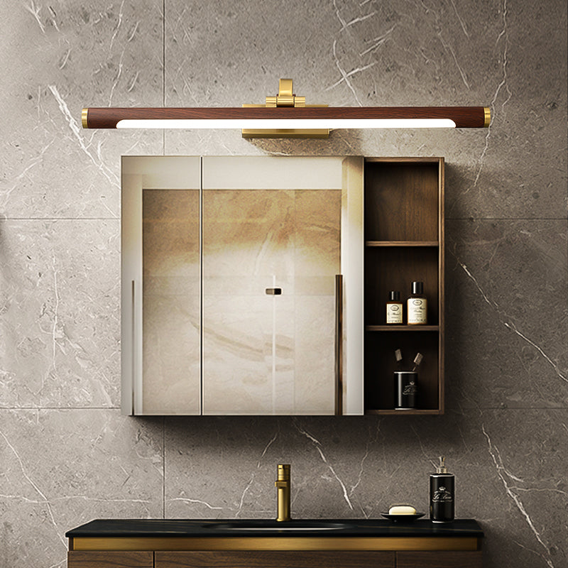 Walnut Wood Grain Tubular Wall Light, Country Style Acrylic Bathroom LED Mirror Lighting with Brass Swivel Joint | Karnz