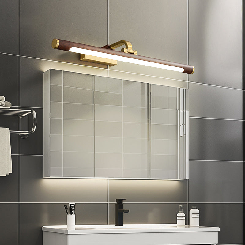 Walnut Wood Grain Tubular Wall Light, Country Style Acrylic Bathroom LED Mirror Lighting with Brass Swivel Joint | Karnz