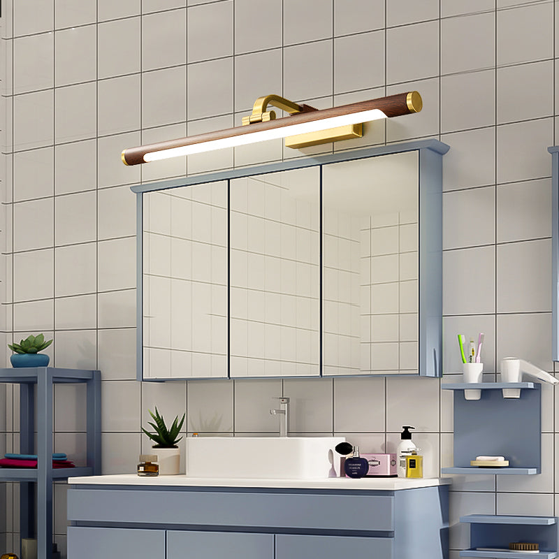 Walnut Wood Grain Tubular Wall Light, Country Style Acrylic Bathroom LED Mirror Lighting with Brass Swivel Joint | Karnz
