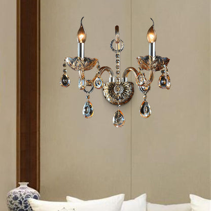 BowLift | Amber Glass Candle Holder Light Modernism 1/2 Heads Bedroom Wall Light Lamp with Crystal Drop Accent