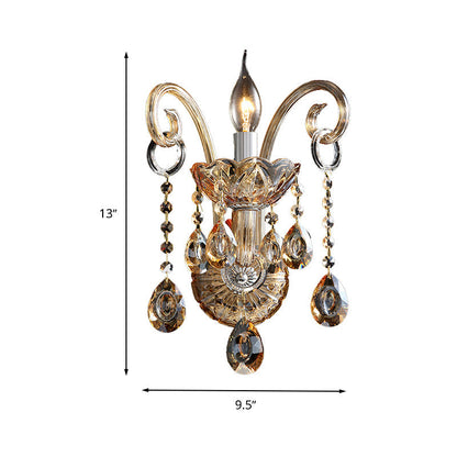 BowLift | Amber Glass Candle Holder Light Modernism 1/2 Heads Bedroom Wall Light Lamp with Crystal Drop Accent