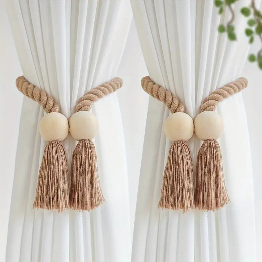Skanto | Wooden Bead Tassel Curtain Holders | 2Pcs Set