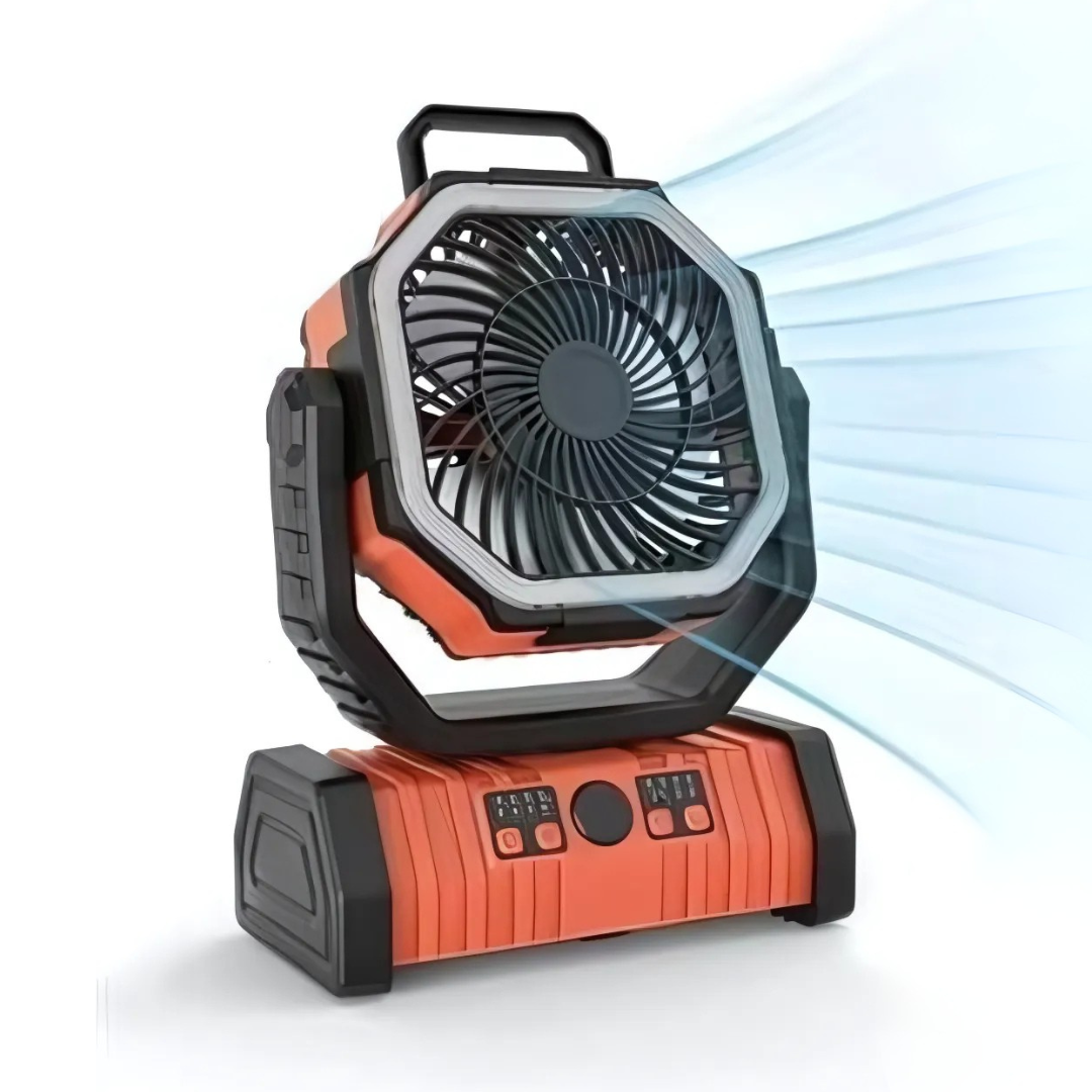 PowerBreeze Camping Fan with LED & Power Bank – 20000mAh, rotatable & rechargeable | Karnz