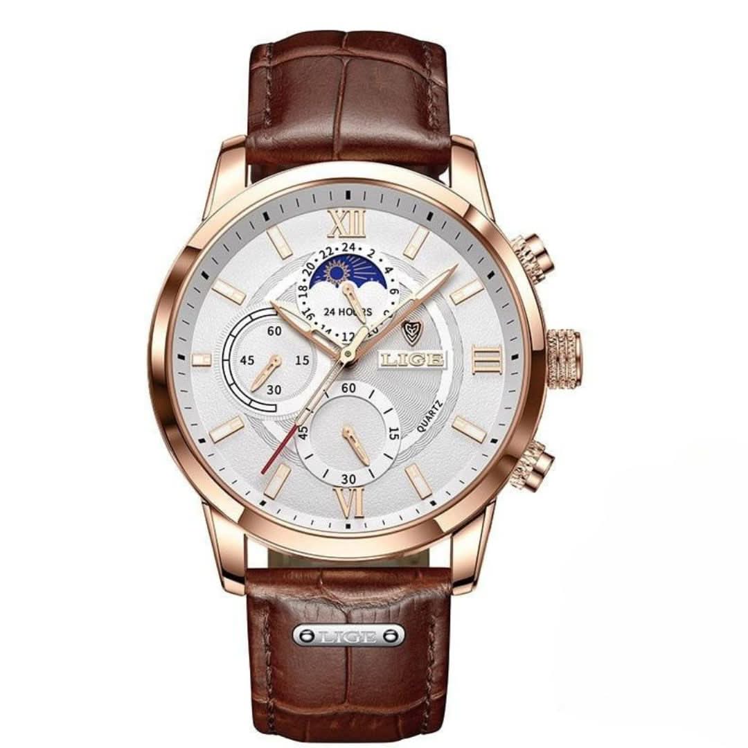 Skanto | Men's Steel Watch with Leather Strap and Date