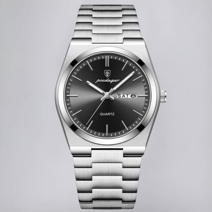 Stainless Steel Watch with Emerald Green Dial and Day-Date Display