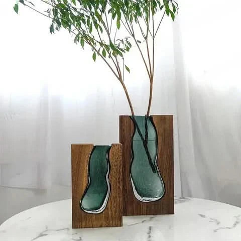 Skanto | Scandinavian Glass Vase with Wood Accent for Modern Interiors
