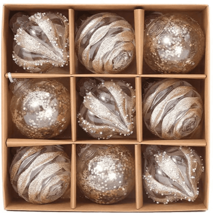 Skanto | GlansFeest Christmas Ornaments – Set of 9 Plastic Decorations with Snowflake and Ball Design