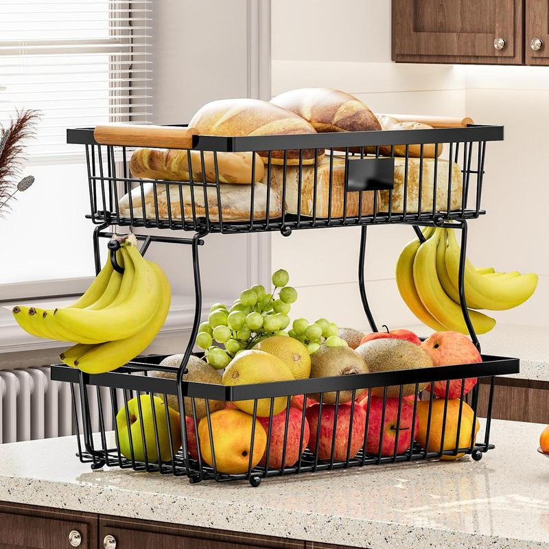 BowLift | 2-Tier Metal Fruit & Vegetable Storage Rack with Hooks