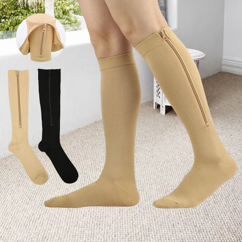 Elastic compression stockings with zipper