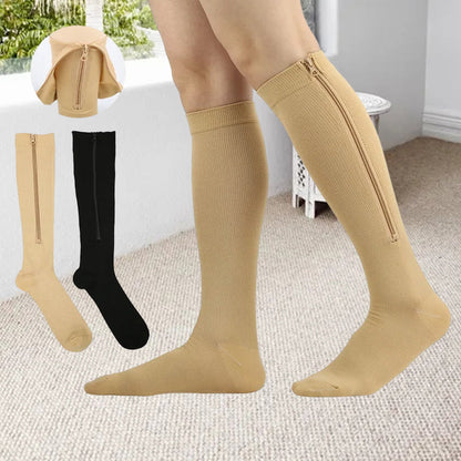 Elastic compression stockings with zipper