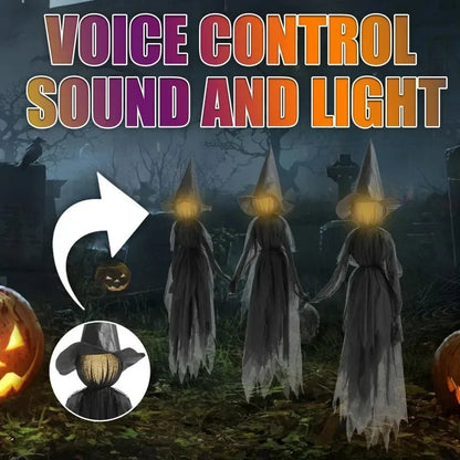 Glowing hand holds Halloween witch decoration