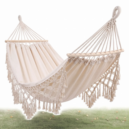 BowLift | 200x150cm Double Outdoor Camping Fringe Canvas Hammock with Pole (White)