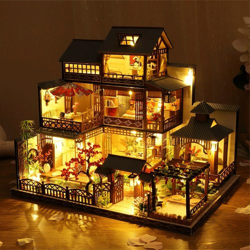 BowLift | Large Realistic Wooden Dollhouse with LED Lights | DIY Miniature Playhouse