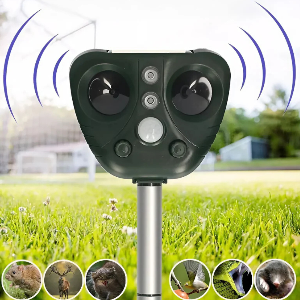 Solar ultrasonic bird repeller device, waterproof, for outdoor use