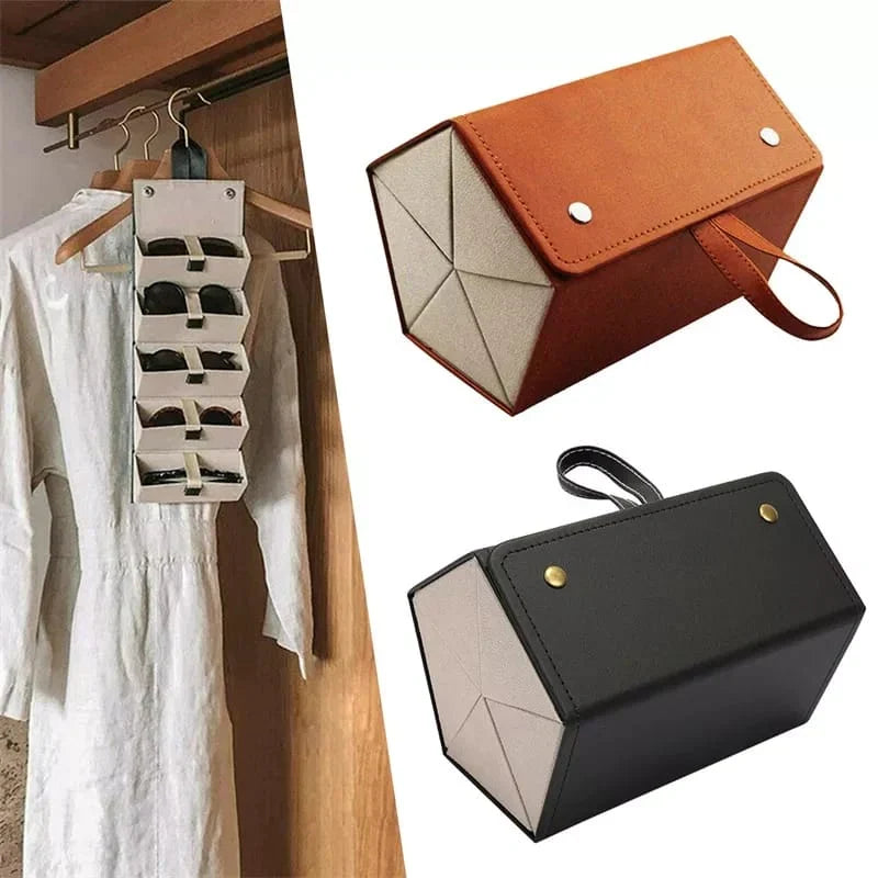 5-Slot Travel Foldable Sunglasses Organizer- Leather Hanging Eyeglasses Case Bowlift
