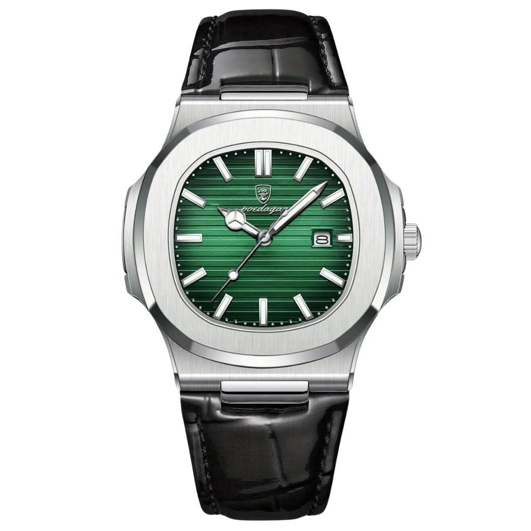 Men's stainless steel wristwatch with quartz movement and date display
