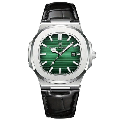Men's stainless steel wristwatch with quartz movement and date display
