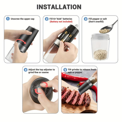 Skanto | Gravity Electric Salt and Pepper Grinder Set: Battery Operated with LED Light, One-Handed Automatic Operation, Adjustable Coarseness, Black - Kitchen Gadget Gift Idea