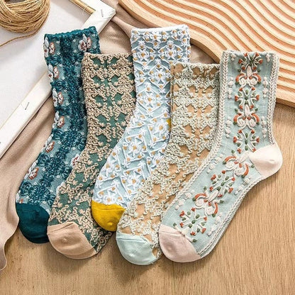 BowLift | 5 Pair Vintage Flower Embroidery Socks