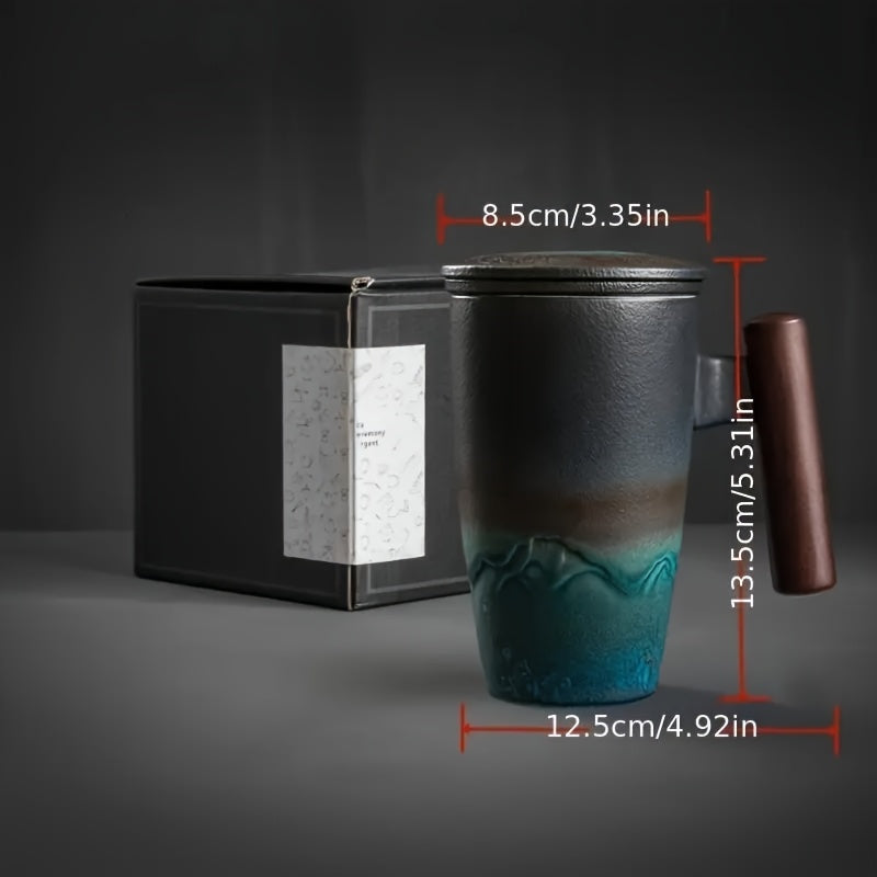 BowLift | TeaCraft Ceramic Mug | Handmade | With Tea Infuser & Wooden Handle | Retro Design