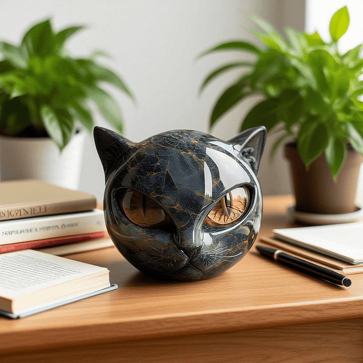 Skanto | NoirCat Sculpture – Black Cat Head with Hypnotic Eyes