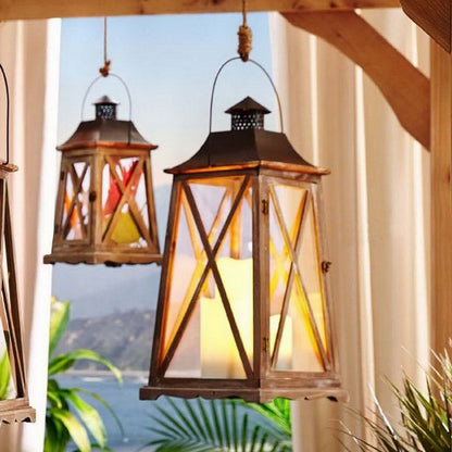 Hanging Rustic Metal and Glass Lantern Candle Holder with LED Flameless Pillar Effect Acalora