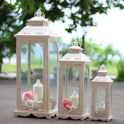 Nesting Coastal Ornate Metal and Glass Candle Lanterns for Tabletop Decor Acalora