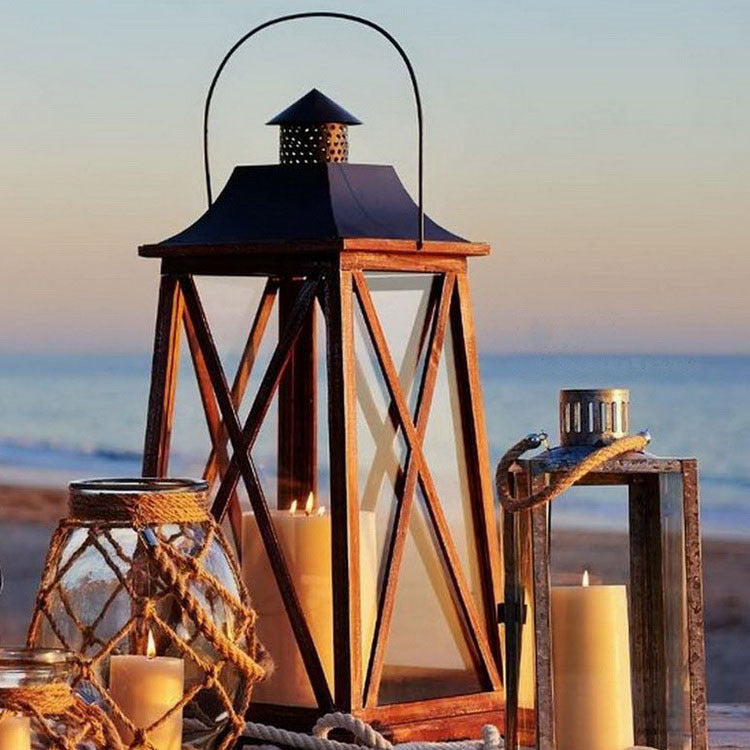 Hanging Rustic Metal and Glass Lantern Candle Holder with LED Flameless Pillar Effect Acalora