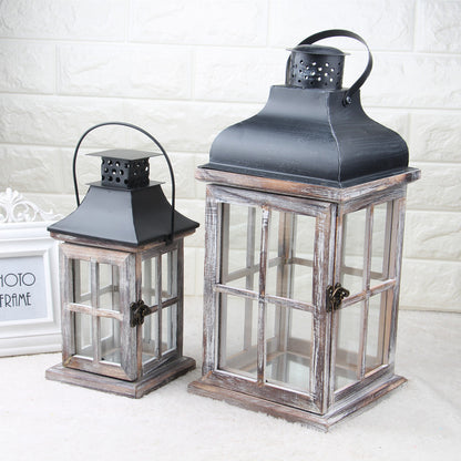 Hand-Finished Weathered Wood Windowpane Lanterns with Metal Roof and Glass Panels Set Acalora