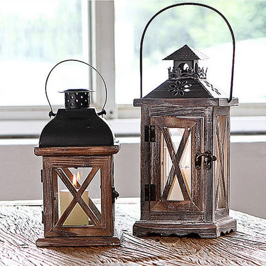 Antique-Style Glass Pane Window Lantern with Distressed Wood Frame and Vented Metal Roof Acalora