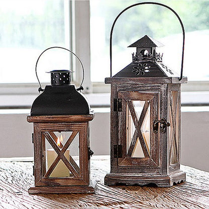 Antique-Style Glass Pane Window Lantern with Distressed Wood Frame and Vented Metal Roof Acalora