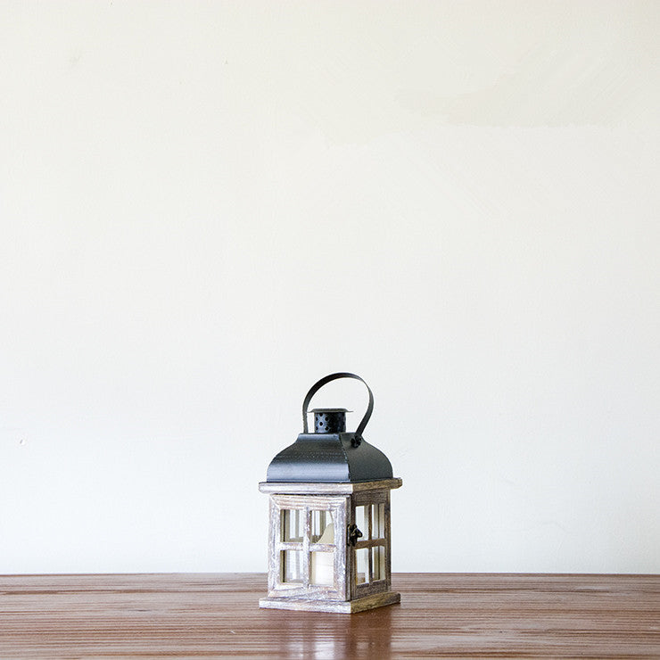 Multi-Piece Rustic Wooden Candle Lanterns with Metal Tops and Paneled Glass Acalora