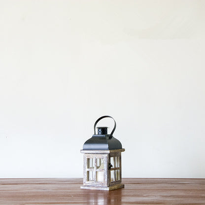 Multi-Piece Rustic Wooden Candle Lanterns with Metal Tops and Paneled Glass Acalora