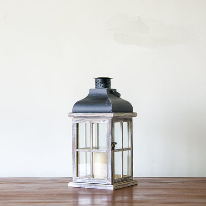 Multi-Piece Rustic Wooden Candle Lanterns with Metal Tops and Paneled Glass Acalora