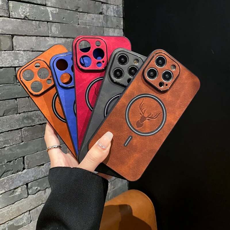 Skanto | Luxury Deer Leather Apple iPhone Case | Magnetic Phone Case, Wireless Case, MagSafe, Wireless Charging, Protective Case, Cover for iPhone 15, 14, 13 Pro Max Plus