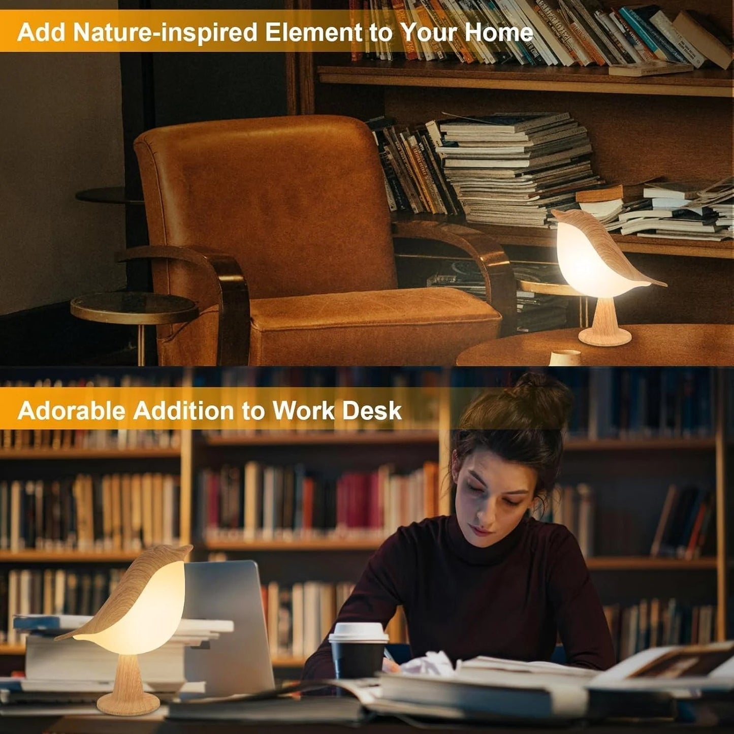 Skanto | Touch-Controlled Wooden Bird Night Light - Rechargeable LED Bedside Lamp
