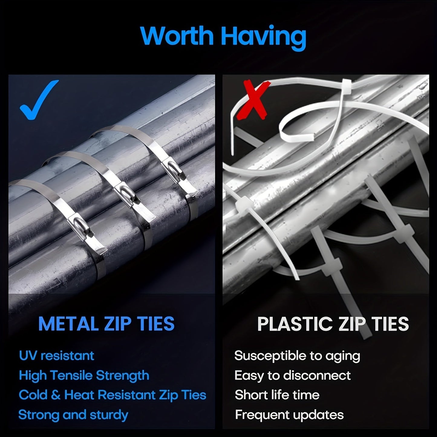 Skanto | 100 pcs Heavy Duty 304 Stainless Steel Cable Ties – 198 lbs Tensile Strength – Stainless Self-Locking Zip Ties for Machinery, Vehicles, Exhausts, Farms, Pipes, Roofs & Outdoor Fences