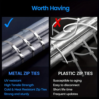Skanto | 100 pcs Heavy Duty 304 Stainless Steel Cable Ties – 198 lbs Tensile Strength – Stainless Self-Locking Zip Ties for Machinery, Vehicles, Exhausts, Farms, Pipes, Roofs & Outdoor Fences