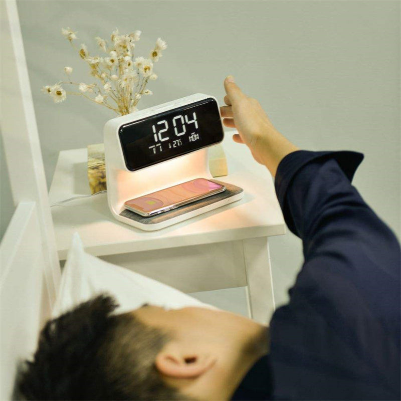 Skanto | 3-in-1 Bedside Lamp with Wireless Charger – LCD Alarm Clock & Touch Dimmable LED Desk Lamp