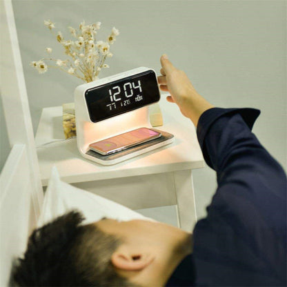 Skanto | 3-in-1 Bedside Lamp with Wireless Charger – LCD Alarm Clock & Touch Dimmable LED Desk Lamp