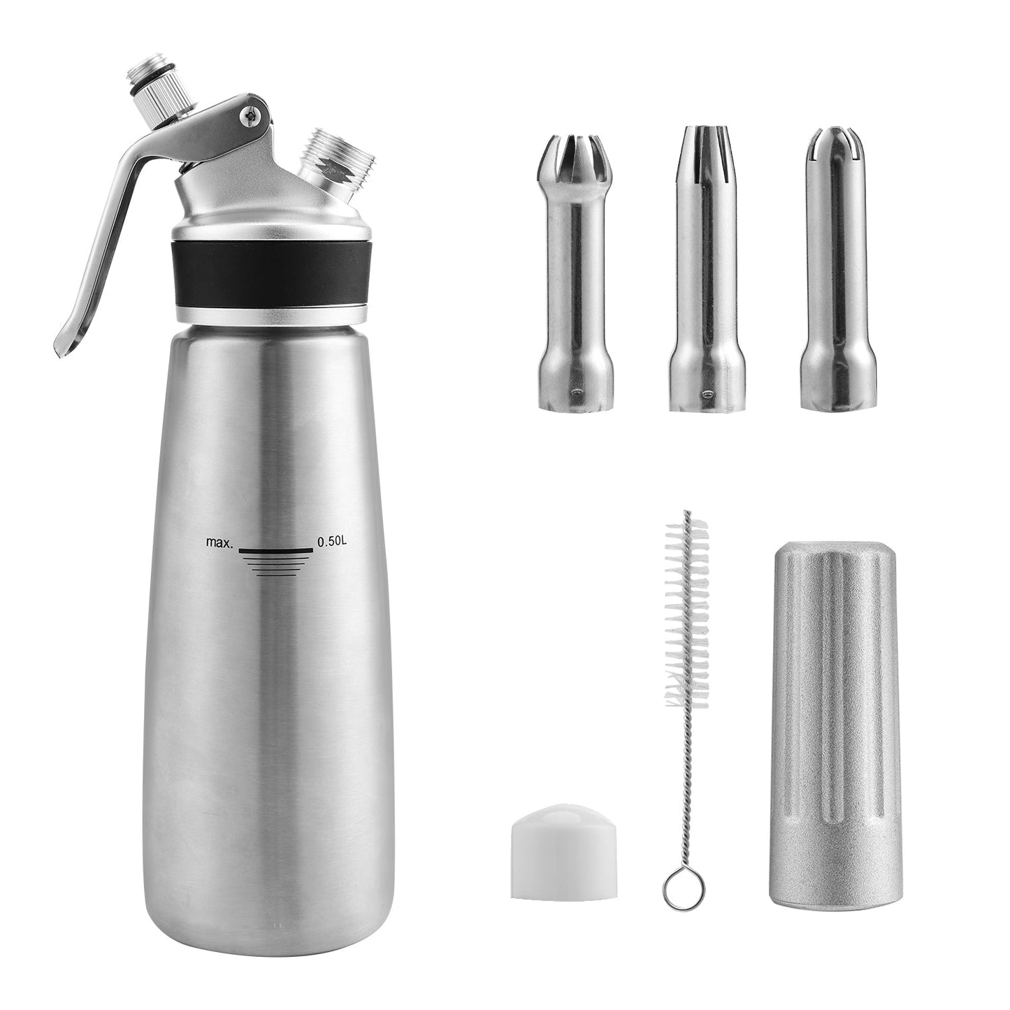 Cream dispenser stainless steel with 3 nozzles 500ml | Karnz