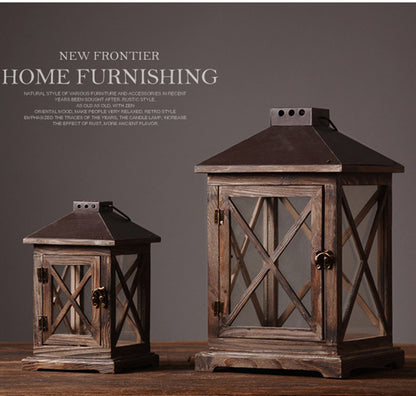 Handcrafted Distressed Wood Lantern with Cross-Hatch Glass Panels and Antique Metal Top Acalora