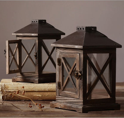 Handcrafted Distressed Wood Lantern with Cross-Hatch Glass Panels and Antique Metal Top Acalora