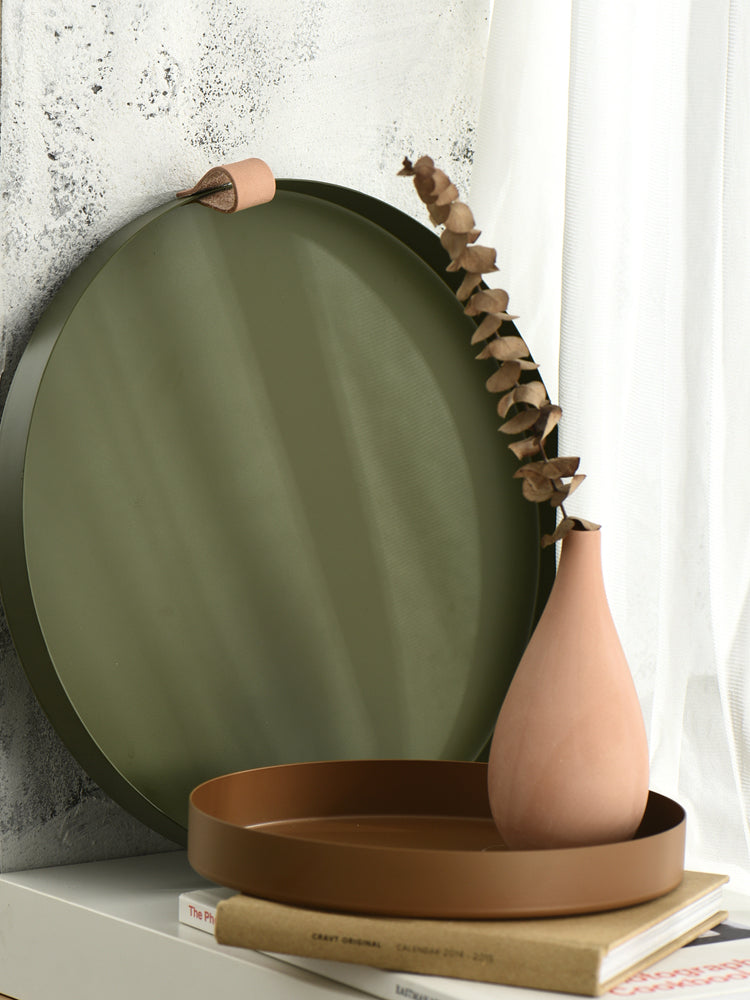 Skanto | Nordic Style Leather Handle Wrought Iron Round Dish Plate Color Storage Plate Water Glass Plate Home Decoration