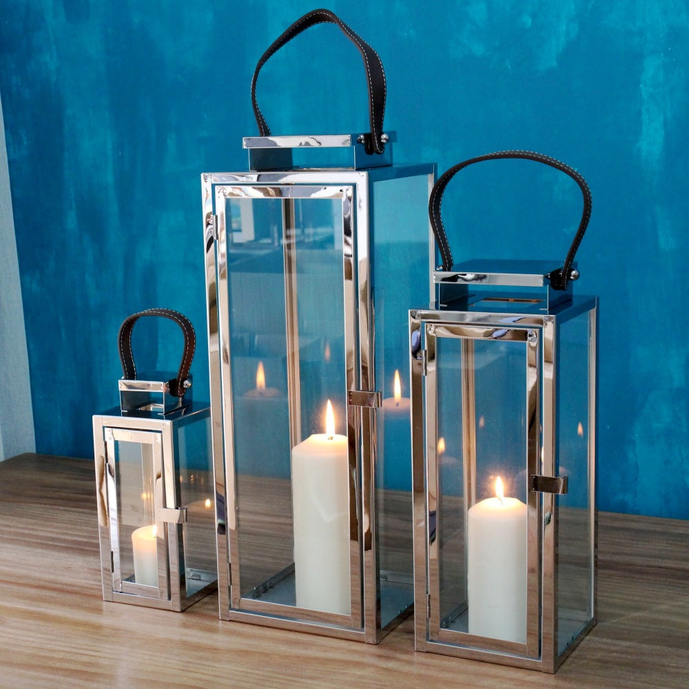 Rectangular Glass Candle Lanterns with Polished Metal Frame and Faux Leather Handle Set Acalora